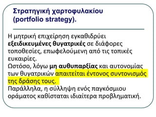 Στρατηγική χαρτοφυλακίου
(portfolio strategy).
Η μητρική επιχείρηση εγκαθιδρύει
εξειδικευμένες θυγατρικές σε διάφορες
τοποθεσίες, επωφελούμενη από τις τοπικές
ευκαιρίες.
Ωστόσο, λόγω µη αυθυπαρξίας και αυτονομίας
των θυγατρικών απαιτείται έντονος συντονισμός
της δράσης τους.
Παράλληλα, η σύλληψη ενός παγκόσμιου
οράματος καθίσταται ιδιαίτερα προβληματική.
 