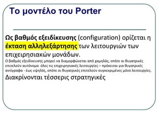 Το μοντέλο του Porter
Ως βαθμός εξειδίκευσης (configuration) ορίζεται η
έκταση αλληλεξάρτησης των λειτουργιών των
επιχειρησιακών μονάδων.
Ο βαθμός εξειδίκευσης µπορεί να διαμορφώνεται από χαμηλός, οπότε οι θυγατρικές
επιτελούν αυτόνομα όλες τις επιχειρησιακές λειτουργίες – πρόκειται για θυγατρικές
αντίγραφα - έως υψηλός, οπότε οι θυγατρικές επιτελούν συγκεκριμένες µόνο λειτουργίες.
Διακρίνονται τέσσερις στρατηγικές
 