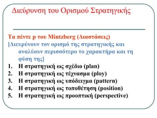 Διεύρυνση του Ορισμού Στρατηγικής
Τα πέντε p του Mintzberg (Διαστάσεις)
[Διευρύνουν τον ορισμό της στρατηγικής και
αναλύουν περισσότερο το χαρακτήρα και τη
φύση της]
1. Η στρατηγική ως σχέδιο (plan)
2. Η στρατηγική ως τέχνασμα (ploy)
3. Η στρατηγική ως υπόδειγμα (pattern)
4. Η στρατηγική ως τοποθέτηση (position)
5. Η στρατηγική ως προοπτική (perspective)
 
