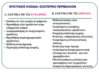 Α. ΣΧΕΤΙΚΑΜΕ ΤΙΣ ΕΥΚΑΙΡΙΕΣ
• Είσοδος σε νέες αγορές ή τμήματα;
• Προσθήκη νέων προϊόντων στην
υπάρχουσα γκάμα;
• Διαφοροποίηση σε συσχετισμένα
προϊόντα;
• Προσθήκη συμπληρωματικών
προϊόντων;
• Κάθετη ολοκλήρωση;
• Ταχύτερη ανάπτυξη αγοράς;
Β. ΣΧΕΤΙΚΑΜΕ ΤΙΣΑΠΕΙΛΕΣ
•Πιθανή είσοδος νέων
ανταγωνιστών;
•Αυξανόμενες πωλήσεις
υποκατάστατων προϊόντων;
•Χαμηλή ανάπτυξη αγοράς;
•Ενάντιες κυβερνητικές πολιτικές;
•Αυξανόμενες ανταγωνιστικές
πιέσεις;
•Ευάλωτη στην ύφεση;
•Αυξανόμενη διαπραγματευτική
δύναμη των πελατών και των
προμηθευτών;
•Μεταλλασόμενες ανάγκες και
προτιμήσεις των αγοραστών;
•Δυσμενείς δημογραφικές αλλαγές;
ΕΡΩΤΗΣΕΙΣ ΚΛΕΙΔΙΑ: ΕΞΩΤΕΡΙΚΟ ΠΕΡΙΒΑΛΛΟΝ
 