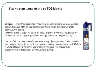 Πώς να χρησιμοποιήσετε το BCG Matrix
Σκύλοι: Η συνήθης συμβουλή εδώ είναι να στοχεύσετε να αφαιρέσετε
τυχόν σκύλους από το χαρτοφυλάκιο προϊόντων σας, καθώς αυτά
εξαντλούν πόρους.
Ωστόσο, αυτό μπορεί να είναι υπερβολική απλοποίηση, δεδομένου ότι
είναι δυνατόν να δημιουργηθούν συνεχή έσοδα με μικρό κόστος.
Για παράδειγμα, στον τομέα της αυτοκινητοβιομηχανίας, όταν τελειώνει
μια σειρά αυτοκινήτου, υπάρχει ακόμη ανάγκη για ανταλλακτικά. Καθώς
η SAAB έπαψε να παράγει νέα αυτοκίνητα, μια νέα επιχείρηση
εμφανίστηκε παρέχοντας ανταλλακτικά SAAB.
 