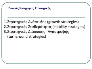 Βασικές Κατηγορίες Στρατηγικής
1.Στρατηγικές Ανάπτυξης (growth strategies)
2.Στρατηγικές Σταθερότητας (stability strategies)
3.Στρατηγικές Διάσωσης Αναστροφής
(turnaround strategies)
 