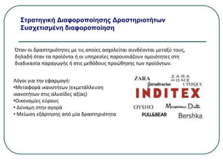 Στρατηγική Διαφοροποίησης Δραστηριοτήτων
Συσχετισμένη διαφοροποίηση
Όταν οι δραστηριότητες με τις οποίες ασχολείται συνδέονται μεταξύ τους,
δηλαδή όταν τα προϊόντα ή οι υπηρεσίες παρουσιάζουν ομοιότητες στη
διαδικασία παραγωγής ή στις μεθόδους προώθησης των προϊόντων.
Λόγοι για την εφαρμογή:
•Μεταφορά ικανοτήτων (εκμετάλλευση
ικανοτήτων στις αλυσίδες αξίας)
•Οικονομίες εύρους
• Δύναμη στην αγορά
• Μείωση εξάρτησης από μία δραστηριότητα
 