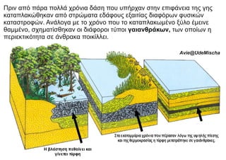 Πριν από πάρα πολλά χρόνια δάση που υπήρχαν στην επιφάνεια της γης
καταπλακώθηκαν από στρώματα εδάφους εξαιτίας διαφόρων φυσικών
καταστροφών. Ανάλογα με το χρόνο που το καταπλακωμένο ξύλο έμεινε
θαμμένο, σχηματίσθηκαν οι διάφοροι τύποι γαιανθράκων, των οποίων η
περιεκτικότητα σε άνθρακα ποικίλλει.
Avie@UdeMischa
 