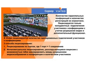В Vinteo лицензируется количество одновременных подключений участников
к конференциям
2 способа лицензирования:
1. Лицензирование по портам, где 1 порт = 1 соединению
2. Интеллектуальное лицензирование, раскладывающиеся лицензии с
возможностью гибко маневрировать между разрешением
видеоизображения в конференции и количеством участников
Количество параллельных
конференций и количество
регистраций не ограничено.
Лицензируется только
конкурентные подключения
участников к конференциям с
учетом разрешения видео и
дополнительный функционал.
Сервер
 