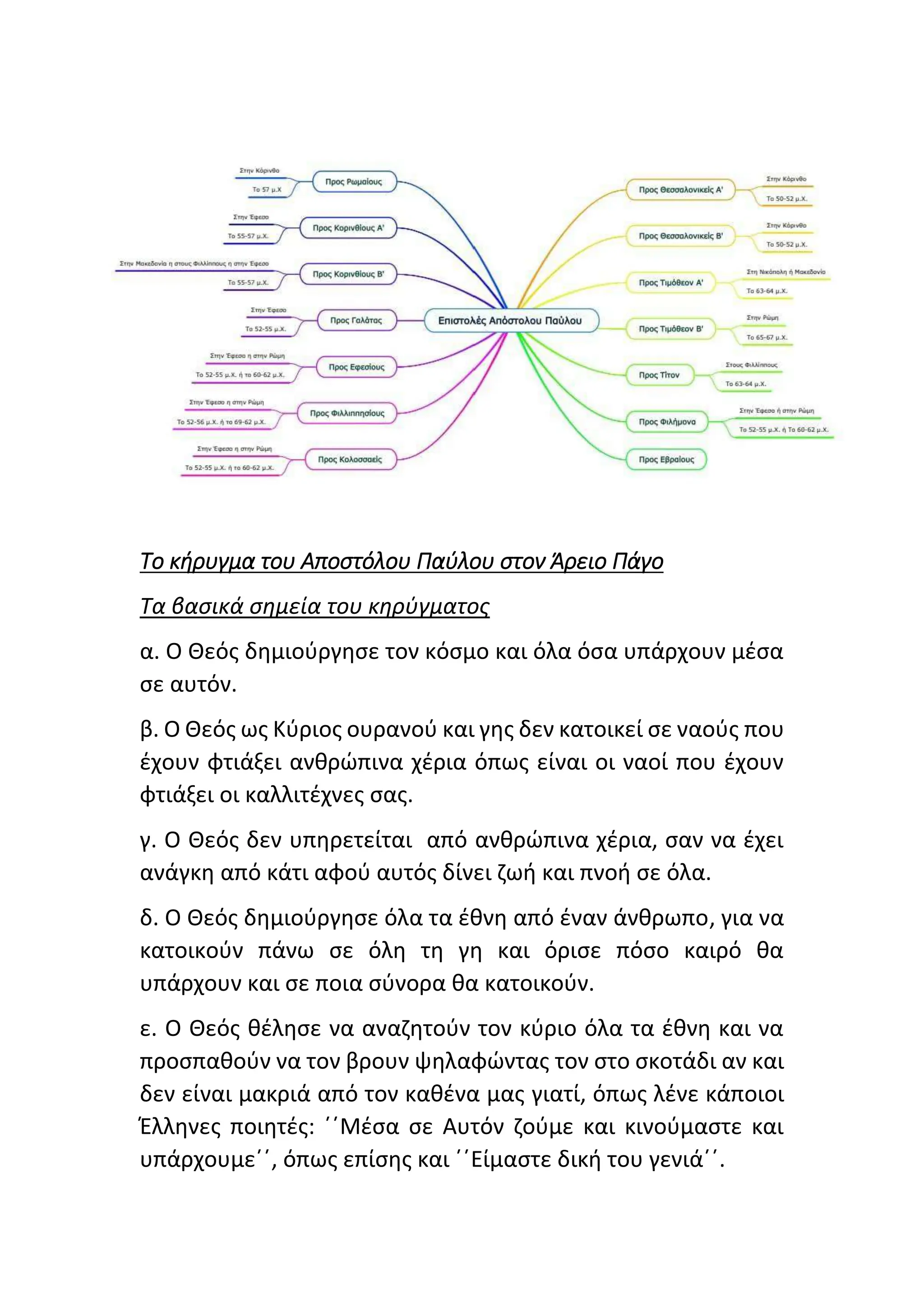 Το κήρυγμα του Αποστόλου Παύλου στον Άρειο Πάγο
Τα βασικά σημεία του κηρύγματος
α. Ο Θεός δημιούργησε τον κόσμο και όλα όσα υπάρχουν μέσα
σε αυτόν.
β. Ο Θεός ως Κύριος ουρανού και γης δεν κατοικεί σε ναούς που
έχουν φτιάξει ανθρώπινα χέρια όπως είναι οι ναοί που έχουν
φτιάξει οι καλλιτέχνες σας.
γ. Ο Θεός δεν υπηρετείται από ανθρώπινα χέρια, σαν να έχει
ανάγκη από κάτι αφού αυτός δίνει ζωή και πνοή σε όλα.
δ. Ο Θεός δημιούργησε όλα τα έθνη από έναν άνθρωπο, για να
κατοικούν πάνω σε όλη τη γη και όρισε πόσο καιρό θα
υπάρχουν και σε ποια σύνορα θα κατοικούν.
ε. Ο Θεός θέλησε να αναζητούν τον κύριο όλα τα έθνη και να
προσπαθούν να τον βρουν ψηλαφώντας τον στο σκοτάδι αν και
δεν είναι μακριά από τον καθένα μας γιατί, όπως λένε κάποιοι
Έλληνες ποιητές: ΄΄Μέσα σε Αυτόν ζούμε και κινούμαστε και
υπάρχουμε΄΄, όπως επίσης και ΄΄Είμαστε δική του γενιά΄΄.
 