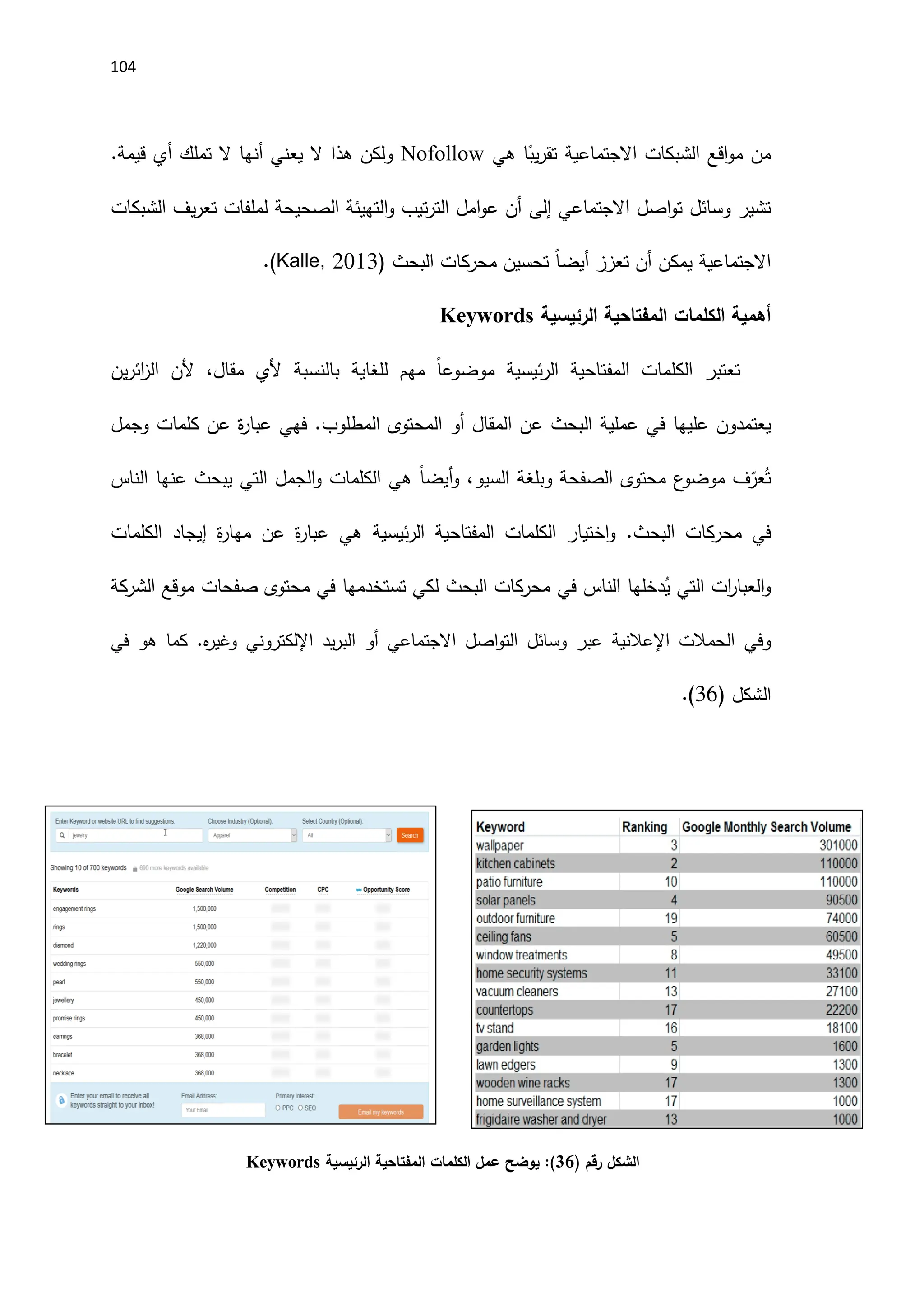 114
‫هي‬ ‫ا‬ً
‫يب‬‫ر‬‫تق‬ ‫االجتماعية‬ ‫الشبكات‬ ‫اقع‬‫و‬‫م‬ ‫من‬
Nofollow
.‫قيمة‬ ‫أي‬ ‫تملك‬ ‫ال‬ ‫أنها‬ ‫يعني‬ ‫ال‬ ‫هذا‬ ‫ولكن‬
‫االجتماعي‬ ‫اصل‬‫و‬‫ت‬ ‫وسائل‬ ‫تشير‬
‫إلى‬
‫الشبكات‬ ‫يف‬‫ر‬‫تع‬ ‫لملفات‬ ‫الصحيحة‬ ‫التهيئة‬‫و‬ ‫تيب‬‫ر‬‫الت‬ ‫امل‬‫و‬‫ع‬ ‫أن‬
‫تعزز‬ ‫أن‬ ‫يمكن‬ ‫االجتماعية‬
ً‫ا‬‫أيض‬
‫البحث‬ ‫محركات‬ ‫تحسين‬
(
Kalle, 2013
)
.
‫المفتاحية‬ ‫الكلمات‬ ‫أهمية‬
‫الرئيسية‬
Keywords
‫المفتاحية‬ ‫الكلمات‬ ‫تعتبر‬
‫ئيسية‬‫ر‬‫ال‬
ً‫ا‬‫موضوع‬
‫ب‬ ‫للغاية‬ ‫مهم‬
‫ال‬
‫مقال‬ ‫َلي‬ ‫نسبة‬
،
‫َلن‬
‫ائر‬
‫ز‬‫ال‬
‫ين‬
‫يعتمد‬
‫ون‬
‫عليها‬
‫المقال‬ ‫عن‬ ‫البحث‬ ‫عملية‬ ‫في‬
‫أو‬
‫المحتو‬
‫ى‬
.‫المطلوب‬
‫فهي‬
‫عن‬ ‫ة‬
‫ر‬‫عبا‬
‫وجمل‬ ‫كلمات‬
،‫السيو‬ ‫وبلغة‬ ‫الصفحة‬ ‫محتوى‬ ‫ع‬
‫موضو‬ ‫ف‬ّ
‫عر‬ُ‫ت‬
‫و‬
ً‫ا‬‫أيض‬
‫الناس‬ ‫عنها‬ ‫يبحث‬ ‫التي‬ ‫الجمل‬‫و‬ ‫الكلمات‬ ‫هي‬
.‫البحث‬ ‫محركات‬ ‫في‬
‫المفتاحية‬ ‫الكلمات‬ ‫اختيار‬‫و‬
‫ئيسية‬‫ر‬‫ال‬
‫هي‬
‫عن‬ ‫ة‬
‫ر‬‫عبا‬
‫الكلمات‬ ‫إيجاد‬ ‫ة‬
‫ر‬‫مها‬
‫صفحات‬ ‫محتوى‬ ‫في‬ ‫تستخدمها‬ ‫لكي‬ ‫البحث‬ ‫محركات‬ ‫في‬ ‫الناس‬ ‫دخلها‬ُ
‫ي‬ ‫التي‬ ‫ات‬
‫ر‬‫العبا‬‫و‬
‫موقع‬
‫الشركة‬
‫وفي‬
‫الحمالت‬
‫اإل‬
‫عالنية‬
‫يد‬‫ر‬‫الب‬ ‫أو‬ ‫االجتماعي‬ ‫اصل‬‫و‬‫الت‬ ‫وسائل‬ ‫عبر‬
‫اإللكتروني‬
.‫ه‬
‫ر‬‫وغي‬
‫في‬ ‫هو‬ ‫كما‬
‫الشكل‬
(
16
.)
‫رقم‬ ‫الشكل‬
)
36
(
‫يوضح‬ :
‫عمل‬
‫المفتاحية‬ ‫الكلمات‬
‫الرئيسية‬
Keywords
 