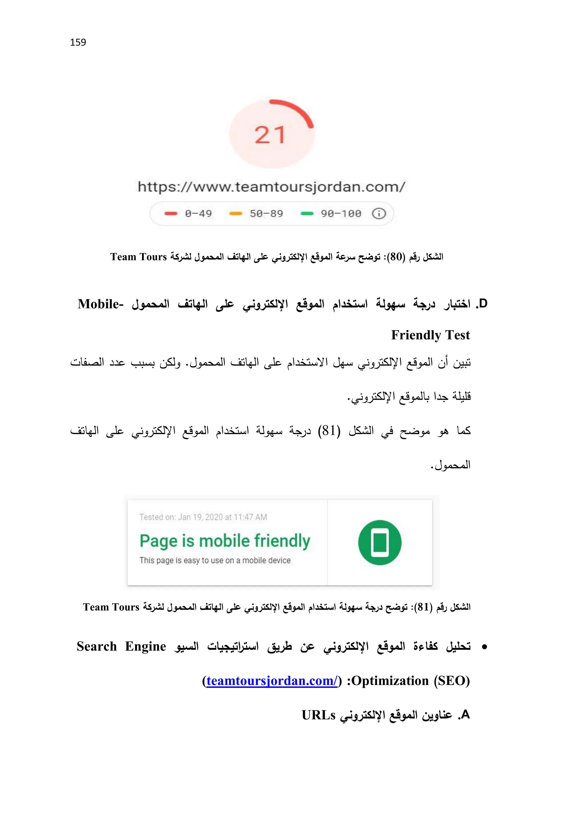 159
‫الشكل‬
‫رقم‬
)
82
(
‫الموقع‬ ‫عة‬
‫سر‬ ‫توضح‬ :
‫اإللكتروني‬
‫لشركة‬ ‫المحمول‬ ‫الهاتف‬ ‫على‬
Team Tours
D
.
‫الموقع‬ ‫استخدام‬ ‫سهولة‬ ‫درجة‬ ‫اختبار‬
‫اإللكتروني‬
‫المحمول‬ ‫الهاتف‬ ‫على‬
Mobile-
Friendly Test
‫الموقع‬ ‫أن‬ ‫تبين‬
‫اإللكتروني‬
‫الصفات‬ ‫عدد‬ ‫بسبب‬ ‫ولكن‬ .‫المحمول‬ ‫الهاتف‬ ‫على‬ ‫االستخدام‬ ‫سهل‬
‫بالموقع‬ ‫جدا‬ ‫قليلة‬
‫اإللكتروني‬
.
‫م‬ ‫هو‬ ‫كما‬
‫وضح‬
‫في‬
‫ال‬
‫شكل‬
(
81
)
‫درجة‬
‫الموقع‬ ‫استخدام‬ ‫سهولة‬
‫اإللكتروني‬
‫الهاتف‬ ‫على‬
‫المحمول‬
.
‫الشكل‬
‫رقم‬
)
81
(
‫الموقع‬ ‫استخدام‬ ‫سهولة‬ ‫درجة‬ ‫توضح‬ :
‫اإللكتروني‬
‫لشركة‬ ‫المحمول‬ ‫الهاتف‬ ‫على‬
Team Tours

‫تحليل‬
‫كفاءة‬
‫الموقع‬
‫اإللكتروني‬
‫السيو‬ ‫اتيجيات‬
‫ر‬‫است‬ ‫طريق‬ ‫عن‬
Search Engine
SEO)
(
Optimization
:
(
teamtoursjordan.com/
)
A
.
‫عناوين‬
‫الموقع‬
‫اإللكتروني‬
URLs
 