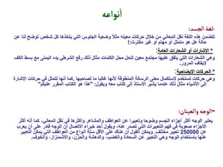 ‫نواعه‬
‫أ‬
‫ا‬
-
‫الجسد‬ ‫لغة‬
:
‫توض‬ ‫شخص‬ ‫كل‬ ‫يتخذها‬ ‫التي‬ ‫الجلوس‬ ‫وضعية‬ ً‫ال‬‫مث‬ ‫معينه‬ ‫حركات‬ ‫خالل‬ ‫من‬ ‫المعاني‬ ‫نقل‬ ‫اللغة‬ ‫هذه‬ ‫تتضمن‬
‫عن‬ ‫لنا‬ ‫ح‬
‫مكترث‬ ‫غير‬ ‫أو‬ ‫مهتم‬ ‫أو‬ ‫متملل‬ ‫هو‬ ‫هل‬ ‫حالة‬
!:
*
‫العامة‬ ‫الشعارات‬ ‫أو‬ ‫اإلشارات‬
:
‫ب‬ ‫مع‬ ‫اليمنى‬ ‫يده‬ ‫الشرطي‬ ‫رفع‬ ‫ذلك‬ ‫مثال‬ ‫الكلمات‬ ‫محل‬ ‫لتحل‬ ‫معين‬ ‫مجتمع‬ ‫عليها‬ ‫يتفق‬ ‫التي‬ ‫الشعارات‬ ‫وهي‬
‫الكف‬ ‫سط‬
‫المرور‬ ‫إليقاف‬
.
*
‫اإليضاحية‬ ‫الحركات‬
:
‫تصاحبها‬ ‫ما‬ ‫غالبا‬ ‫ألنها‬ ‫المنطوقة‬ ‫الرسالة‬ ‫معنى‬ ‫الستكمال‬ ‫تستخدم‬ ‫حركات‬ ‫وهي‬
.
‫اإلشارة‬ ‫حركات‬ ‫في‬ ‫تتمثل‬ ‫أنها‬ ‫كما‬
‫ويقول‬ ‫معه‬ ‫كتاب‬ ‫إلى‬ ‫األستاذ‬ ‫يشير‬ ‫عندما‬ ‫ذلك‬ ‫مثال‬ ‫األشياء‬ ‫إلى‬
" :
‫عليكم‬ ‫المقرر‬ ‫الكتاب‬ ‫هو‬ ‫هذا‬
"
-
‫والعينان‬ ‫الوجه‬
:
‫أن‬ ‫كما‬ ،‫المعاني‬ ‫نقل‬ ‫في‬ ‫وأكثرها‬ ‫والمشاعر‬ ‫العواطف‬ ‫عن‬ ‫وتعبيرا‬ ‫وضوحا‬ ‫الجسم‬ ‫أجزاء‬ ‫أكثر‬ ‫الوجه‬ ‫يعتبر‬
‫أكثر‬ ‫ه‬
‫أ‬ ‫على‬ ‫قادر‬ ‫الوجه‬ ‫أن‬ ‫االتصال‬ ‫خبراء‬ ‫أحد‬ ‫ويقول‬ ،‫عنه‬ ‫تصدر‬ ‫التي‬ ‫التعبيرات‬ ‫فهم‬ ‫في‬ ‫صعوبة‬ ‫األجزاء‬
‫يعرب‬ ‫ن‬
‫عن‬
250000
‫مختلف‬ ‫تعبير‬
.
‫التع‬ ‫يمكن‬ ‫التي‬ ‫العواطف‬ ‫من‬ ‫أنواع‬ ‫ستة‬ ‫األقل‬ ‫على‬ ‫هناك‬ ‫أن‬ ‫القول‬ ‫ويمكن‬
‫بير‬
‫والخوف‬ ،‫واالشمئزاز‬ ،‫والحزن‬ ‫والدهشة‬ ،‫والغضب‬ ‫السعادة‬ ‫عن‬ ‫التعبير‬ ‫وهي‬ ‫الوجه‬ ‫باستخدام‬ ‫عنها‬
.
 