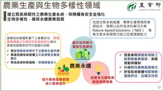 12
農業生產與生物多樣性領域
建立具氣候韌性之農業生產系統，保障糧食安全並強化
生物多樣性，確保永續農業發展
基於自然解方
增強生態韌性
提升農業風險管理
減少農業損失
拓展多元農產業
創造發展機會
農業永續
建構氣候變遷影響下之衝擊評估，累積
農業調適之科學研究與風險評估資料，
掌握我國農業部門所面臨的挑戰
 穩定極端氣候事件下之農業生產供應
 精進因應氣候變遷之災害預警及應變
體系
 降低氣候財務風險，保障農營收入
加強生態系統維護，農業生產環境與資
源結合，推展以自然為本的解決方案
Nature-based Solutions （NbS），增
進生態系統服務功能以促進調適能力
 發掘兼具調適與減碳之
新興農產業服務、策略
規劃與機制
 升級韌性農業經營模式
 研發氣候變遷相關策略、
風險評估、品種及技術
 