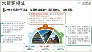 8
水資源領域
2036年前用水可滿足，整體備援由28%提升至50%，強化韌性
強化供水韌性
有效應對
極端枯旱氣候
完善供水環境
致力邁向
資源循環永續
確保供水穩定
促進民生
產業永續發展
擴大推動再生水及海淡水等
科技造水，多元化水源開發
提升供水能力，以支持社會
持續發展各標的用水需求
並穩定供水。
藉由自來水減漏、各項節水
工作、訂定各項誘因制度、
水資源智慧化管理等措施，
提升用水效率。
建構西部廊道供水管網，強化水資源的備援
調度及跨區支援輸水能力。
藉由科技造水、在地滯洪兼具水資源利用、
開發伏流水等措施，以提升備援供水能力，
強化供水韌性與安全。
為改善供水環境，並落實環境
友善，除以保留生態基流量或
保育用水、天然水資源利用量
不超過每年200億噸為前提。
另針對流域上、中、下游進行
整體水資源經營規劃，期兼具
強化水資源利用並降低對生態
與環境影響。
 