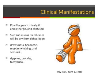 Clinical Manifestations
 Pt will appear critically ill
and lethargic, and confused
 Skin and mucus membranes
will be dry from dehydration
 drowsiness, headache,
muscle twitching, and
seizures.
 dyspnea, crackles,
tachypnea,
(Day et al., 2010, p. 1436)
 