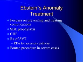 Ebstein’s Anomaly
Treatment
 Focuses on preventing and treating
complications
 SBE prophylaxis
 CHF
 Rx of SVT
– RFA for accessory pathway
 Fontan procedure in severe cases
 