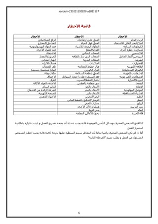 random-231021192827-a1021117
6
‫األخطار‬ ‫قائمة‬
‫األخطار‬ ‫األخطار‬ ‫األخطار‬
‫الميكانيكت‬ ‫الرفع‬ ‫ارتفاعات‬ ‫علت‬ ‫العمل‬ ‫ال‬
‫الخام‬ ‫زيت‬
‫المخارج‬/‫المداخل‬ ‫المياا‬ ‫فوق‬ ‫العمل‬ ‫لالشيعال‬ ‫القابل‬ ‫البخار‬/‫الغاز‬
‫كربونية‬ ‫يدر‬ ‫ال‬ ‫الموال‬ ‫فقد‬ ‫لألشياء‬ ‫ى‬ ‫اليد‬ ‫ل‬ ‫اليدا‬ ‫السامة‬ ‫يات‬ ‫الكيما‬
‫األخرى‬ ‫للموال‬ ‫فقد‬ ‫القطع‬/‫اللحام‬ ‫أخرى‬ ‫خطرة‬ ‫يات‬ ‫كيما‬
‫االشيعال‬ ‫النقالت‬ ‫المعدات‬ ‫األكسجين‬
‫االنفجار‬/‫الحريت‬ ‫اليت‬ ‫المعدات‬
‫بالطاقة‬ ‫تدار‬ ‫الخامل‬ ‫الغاز‬/‫جين‬ ‫النير‬
‫انشائت‬ ‫يار‬ ‫ان‬ ‫ية‬ ‫اليد‬ ‫المعدات‬ ‫الضوضاء‬
‫االتزان‬ ‫فقدان‬ ‫الماكينات‬ ‫االهيزازات‬
‫للمعدات‬ ‫تلف‬ ‫المعالجة‬ ‫خطوط‬ ‫عزل‬ ‫ربية‬ ‫الك‬ ‫الطاقة‬
‫جسيمة‬ ‫شخصية‬ ‫اصابة‬ ‫ربت‬ ‫الك‬ ‫العزل‬ ‫االسياتيكية‬ ‫رباء‬ ‫الك‬
‫فاة‬ ‫حاالت‬ ‫السالمة‬ ‫بأنظمة‬ ‫العمل‬ ‫االشعاعات‬
‫المؤينة‬
‫االخيناق‬ ‫السوائل‬ ‫احيجاز‬ ‫علت‬ ‫السيطرة‬ ‫فقد‬ ‫مؤينة‬ ‫الغير‬ ‫االشعاعات‬
‫الغرق‬ ‫اليسرب‬/‫الضغط‬ ‫اخيبار‬ ‫الحرارة‬/‫لة‬ ‫البر‬
‫األكالة‬ ‫بالموال‬ ‫االصابة‬ ‫بالغطس‬ ‫ميعلقة‬ ‫أمور‬ ‫الضغط‬
‫السام‬ ‫اليأثير‬ ‫بالجو‬ ‫االنيقال‬ ‫االضاءة‬
‫االشعاع‬ ‫من‬ ‫الزائدة‬ ‫الجرعة‬ ‫بالبحر‬ ‫االنيقال‬ ‫الب‬ ‫العوامل‬
‫يولوجية‬
‫ربية‬ ‫الك‬ ‫الصدمة‬ ‫بالبر‬ ‫االنيقال‬ ‫الميساقطة‬ ‫األشياء‬
‫الذهنت‬ ‫ال‬ ‫االج‬ ‫اليخزين‬/‫الرص‬ ‫الجليد‬
‫المائت‬ ‫بالضغط‬ ‫اليدفيع‬/‫اليرميل‬ ‫المطر‬
‫الحفر‬ ‫عمليات‬ ‫الرياح‬
‫األخرى‬ ‫اآلبار‬ ‫عمليات‬ ‫اليزييت‬ ‫زيت‬
‫اليربة‬ ‫حفر‬ ‫الماء‬
‫المغلقة‬ ‫األماكن‬ ‫لخول‬ ‫الخبرة‬ ‫قلة‬
‫ا‬ ‫اقينع‬ ‫ا‬ ‫ا‬
‫بامكانيةة‬ ‫قةرارا‬ ‫ليثبةت‬ ،‫العمةل‬ ‫تصةري‬ ‫يعيمةد‬ ‫أن‬ ‫عندئةذ‬ ‫يجةب‬ ‫فانةي‬ ‫الموجولة‬ ‫اليأمين‬ ‫بوسائل‬ ‫المحيرف‬ ‫لشخو‬
‫العمل‬ ‫اسيمرار‬
‫الشةخو‬ ‫اخطةار‬ ‫يجةب‬ ‫فانةي‬،‫كافية‬ ‫بدرجة‬ ‫ا‬ ‫علي‬ ‫السيطرة‬ ‫سييم‬ ‫المخاطر‬ ‫بأن‬ ‫تماما‬ ‫راضيا‬ ‫المحيرف‬ ‫الشخو‬ ‫يكن‬ ‫لم‬ ‫ا‬ ‫ا‬ ‫أما‬
‫ال‬ ‫"المرحلة‬ ‫تقييم‬ ‫يطلب‬ ‫العمل‬ ‫عن‬ ‫المسئول‬
"‫ثانية‬
 