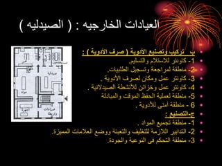 ‫الخارجيه‬ ‫العيادات‬
( :
‫الصيدليه‬
)
•
‫األدوية‬ ‫وتصنيع‬ ‫تركيب‬ ‫ب‬
(
‫األدوية‬ ‫صرف‬
: )
•
1
-
‫والتسليم‬ ‫لالستالم‬ ‫كاونتر‬
.
•
2
-
‫الطلبيات‬ ‫وتسجيل‬ ‫لمراجعة‬ ‫منطقة‬
.
•
3
-
‫األدوية‬ ‫لصرف‬ ‫ومكان‬ ‫عمل‬ ‫كاونتر‬
.
•
4
-
‫الصيدالنية‬ ‫لألنشطة‬ ‫وخزائن‬ ‫عمل‬ ‫كاونتر‬
.
•
5
-
‫والمبادلة‬ ‫المؤقت‬ ‫الحفظ‬ ‫لعملية‬ ‫منطقة‬
•
6
-
‫لألدوية‬ ‫آمنى‬ ‫منطقة‬
.
•
‫ج‬
-
‫التصنيع‬
:
•
1
-
‫المواد‬ ‫تجميع‬ ‫منطقة‬
.
•
2
-
‫المميزة‬ ‫العالمات‬ ‫ووضع‬ ‫والتعبئة‬ ‫للتغليف‬ ‫الالزمة‬ ‫التدابير‬
.
•
3
-
‫والجودة‬ ‫النوعية‬ ‫فى‬ ‫التحكم‬ ‫منطقة‬
.
 