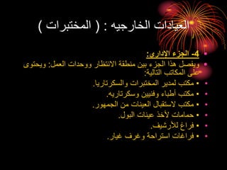 ‫الخارجيه‬ ‫العيادات‬
( :
‫المختبرات‬
)
•
4
-
‫اإلداري‬ ‫الجزء‬
:
•
‫العمل‬ ‫ووحدات‬ ‫االنتظار‬ ‫منطقة‬ ‫بين‬ ‫الجزء‬ ‫هذا‬ ‫ويفصل‬
:
‫ويحت‬
‫وى‬
‫التالية‬ ‫المكاتب‬ ‫على‬
:
•
•
‫والسكرتاريا‬ ‫المختبرات‬ ‫لمدير‬ ‫مكتب‬
.
•
•
‫وسكرتاريه‬ ‫وفنيين‬ ‫أطباء‬ ‫مكتب‬
.
•
•
‫الجمهور‬ ‫من‬ ‫العينات‬ ‫الستقبال‬ ‫مكتب‬
.
•
•
‫البول‬ ‫عينات‬ ‫ألخذ‬ ‫حمامات‬
.
•
•
‫لألرشيف‬ ‫فراغ‬
.
•
•
‫غيار‬ ‫وغرف‬ ‫استراحة‬ ‫فراغات‬
.
 