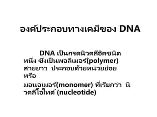 องค์ประกอบทางเคมีของ DNA
DNA เป็ นกรดนิวคลีอิคชนิด
หนึ่ง ซึ่งเป็ นพอลิเมอร ์(polymer)
สายยาว ประกอบด้วยหน่วยย่อย
หรือ
มอนอเมอร ์(monomer) ที่เรียกว่า นิ
วคลีโอไทด์(nucleotide)
 