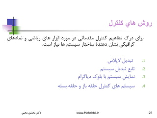 25
‫كنترل‬ ‫هاي‬ ‫روش‬
‫برای‬
‫درك‬
‫مفاهیم‬
‫کنترل‬
‫مقدماتی‬
‫در‬
‫مورد‬
‫ابزار‬
‫های‬
‫ریاضی‬
‫و‬
‫نمادهای‬
‫گرافیکی‬
‫نشان‬
‫دهندة‬
‫ساختار‬
‫سیستم‬
‫ها‬
‫نیاز‬
‫است‬
.
.1
‫تبدیل‬
‫الپالس‬
.2
‫تابع‬
‫تبدیل‬
‫سیستم‬
.3
‫نمایش‬
‫سیستم‬
‫با‬
‫بلوك‬
‫دیاگرام‬
.4
‫سیستم‬
‫های‬
‫کنترل‬
‫حلقه‬
‫باز‬
‫و‬
‫حلقه‬
‫بسته‬
‫محبی‬ ‫محسن‬ ‫دکتر‬ www.Mohebbii.ir
 