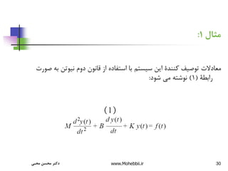 30
‫مثال‬
1
:
‫نیوتن‬ ‫دوم‬ ‫قانون‬ ‫از‬ ‫استفاده‬ ‫با‬ ‫سیستم‬ ‫این‬ ‫کنندة‬ ‫توصیف‬ ‫معادالت‬
‫صورت‬ ‫به‬
‫رابطة‬
(
1
)
‫شود‬ ‫می‬ ‫نوشته‬
:
‫محبی‬ ‫محسن‬ ‫دکتر‬ www.Mohebbii.ir
 