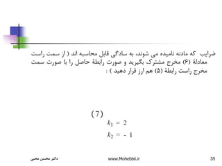 35
‫ضرایب‬
‫که‬
‫مادنه‬
‫نامیده‬
‫می‬
،‫شوند‬
‫به‬
‫سادگی‬
‫قابل‬
‫محاسبه‬
‫اند‬
(
‫از‬
‫سمت‬
‫راست‬
‫معادلة‬
(
6
)
‫مخرج‬
‫مشترك‬
‫بگیرید‬
‫و‬
‫صورت‬
‫رابطة‬
‫حاصل‬
‫را‬
‫با‬
‫صورت‬
‫سمت‬
‫مخرج‬
‫راست‬
‫رابطة‬
(
5
)
‫هم‬
‫ارز‬
‫قرار‬
‫دهید‬
)
:
‫محبی‬ ‫محسن‬ ‫دکتر‬ www.Mohebbii.ir
 