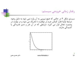 37
‫سیستم‬ ‫خروجی‬ ‫زمانی‬ ‫رفتار‬
:
‫سیستم‬
‫شکل‬
3
‫در‬
‫حالتی‬
‫که‬
‫هیچ‬
‫نیرویی‬
‫به‬
‫آن‬
‫وارد‬
‫نمی‬
‫شود‬
‫به‬
‫دلیل‬
‫وجو‬
‫د‬
‫شرایط‬
‫اولیة‬
(
‫قرار‬
‫گرفتن‬
‫جرم‬
‫در‬
‫موقعیت‬
)
‫تحریک‬
‫می‬
‫شود‬
‫و‬
‫در‬
‫نهای‬
‫ت‬
‫در‬
‫وضعیت‬
‫تعادل‬
‫قرار‬
‫می‬
‫گیرد‬
.
‫شرایطی‬
‫که‬
‫در‬
‫آن‬
‫فنر‬
‫و‬
‫دمپر‬
‫فشردگی‬
‫یا‬
‫کشیدگی‬
‫ندارند‬
.
‫شكل‬
4
.
‫مثال‬ ‫سيستم‬ ‫خروجي‬ ‫منحني‬
1

‫محبی‬ ‫محسن‬ ‫دکتر‬ www.Mohebbii.ir
 