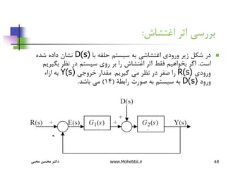 48
‫اثر‬ ‫بررسی‬
‫اغتشاش‬
:

‫با‬ ‫حلقه‬ ‫سیستم‬ ‫به‬ ‫اغتشاشی‬ ‫ورودی‬ ‫زیر‬ ‫شکل‬ ‫در‬
D(s)
‫شده‬ ‫داده‬ ‫نشان‬
‫است‬
.
‫بگ‬ ‫نظر‬ ‫در‬ ‫سیستم‬ ‫روی‬ ‫بر‬ ‫را‬ ‫اغتشاش‬ ‫اثر‬ ‫فقط‬ ‫بخواهیم‬ ‫اگر‬
‫یریم‬
‫ورودی‬
R(s)
‫گیریم‬ ‫می‬ ‫نظر‬ ‫در‬ ‫صفر‬ ‫را‬
.
‫خروجی‬ ‫مقدار‬
Y(s)
‫ازاء‬ ‫به‬
‫ورود‬
D(s)
‫رابطة‬ ‫صورت‬ ‫به‬ ‫سیستم‬ ‫به‬
(
14
)
‫باشد‬ ‫می‬
.
‫محبی‬ ‫محسن‬ ‫دکتر‬ www.Mohebbii.ir
 