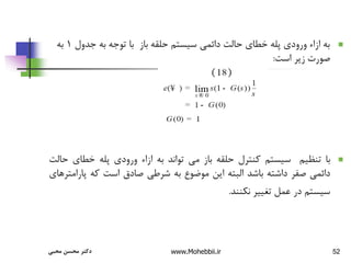 52

‫جدول‬ ‫به‬ ‫توجه‬ ‫با‬ ‫باز‬ ‫حلقه‬ ‫سیستم‬ ‫دائمی‬ ‫حالت‬ ‫خطای‬ ‫پله‬ ‫ورودی‬ ‫ازاء‬ ‫به‬
1
‫به‬
‫است‬ ‫زیر‬ ‫صورت‬
:

‫با‬
‫تنظیم‬
‫سیستم‬
‫کنترل‬
‫حلقه‬
‫باز‬
‫می‬
‫تواند‬
‫به‬
‫ازاء‬
‫ورودی‬
‫پله‬
‫خطای‬
‫ح‬
‫الت‬
‫دائمی‬
‫صفر‬
‫داشته‬
‫باشد‬
‫البته‬
‫این‬
‫موضوع‬
‫به‬
‫شرطی‬
‫صادق‬
‫است‬
‫که‬
‫پارا‬
‫مترهای‬
‫سیستم‬
‫در‬
‫عمل‬
‫تغییر‬
‫نکنند‬
.
‫محبی‬ ‫محسن‬ ‫دکتر‬ www.Mohebbii.ir
 