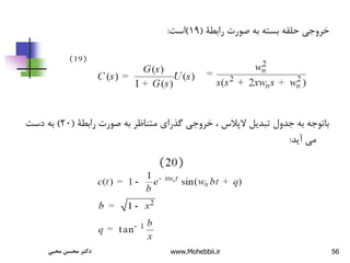 56
‫رابطة‬ ‫صورت‬ ‫به‬ ‫بسته‬ ‫حلقه‬ ‫خروجی‬
(
19
)
‫است‬
:
‫رابطة‬ ‫صورت‬ ‫به‬ ‫متناظر‬ ‫گذرای‬ ‫خروجی‬ ، ‫الپالس‬ ‫تبدیل‬ ‫جدول‬ ‫به‬ ‫باتوجه‬
(
20
)
‫دست‬ ‫به‬
‫آید‬ ‫می‬
:
‫محبی‬ ‫محسن‬ ‫دکتر‬ www.Mohebbii.ir
 