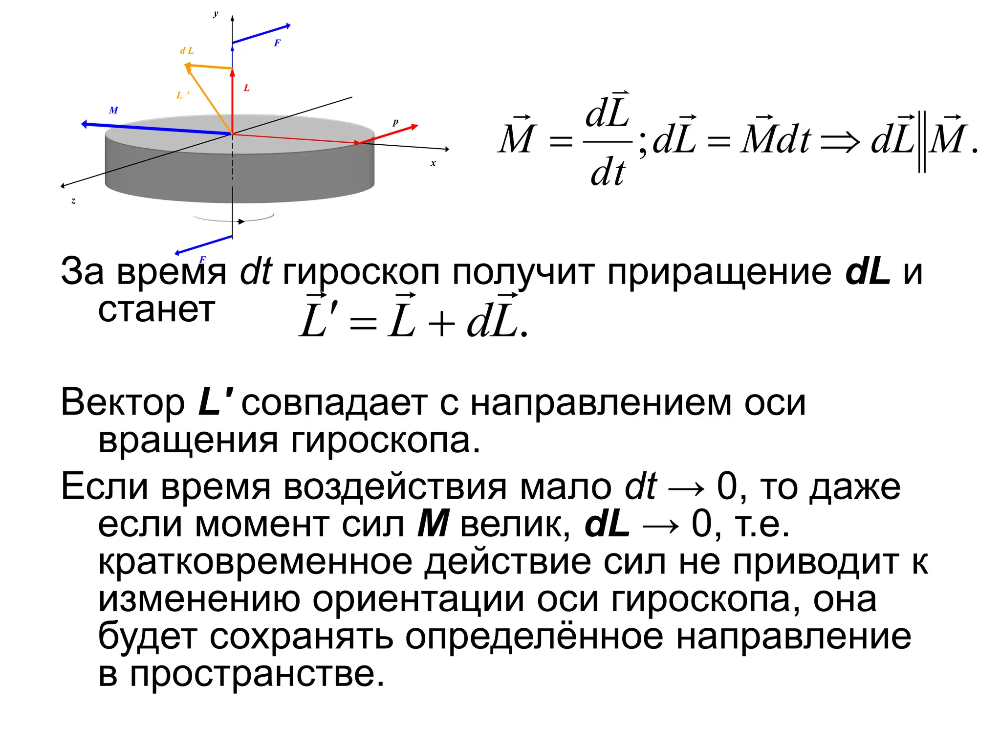 За время dt гироскоп получит приращение dL и
станет
Вектор L′ совпадает с направлением оси
вращения гироскопа.
Если время воздействия мало dt → 0, то даже
если момент сил М велик, dL → 0, т.е.
кратковременное действие сил не приводит к
изменению ориентации оси гироскопа, она
будет сохранять определённое направление
в пространстве.
.
L
d
L
L






.
; M
L
d
dt
M
L
d
dt
L
d
M









x
y
z
p
F
F
L
M
d L
L ′
 
