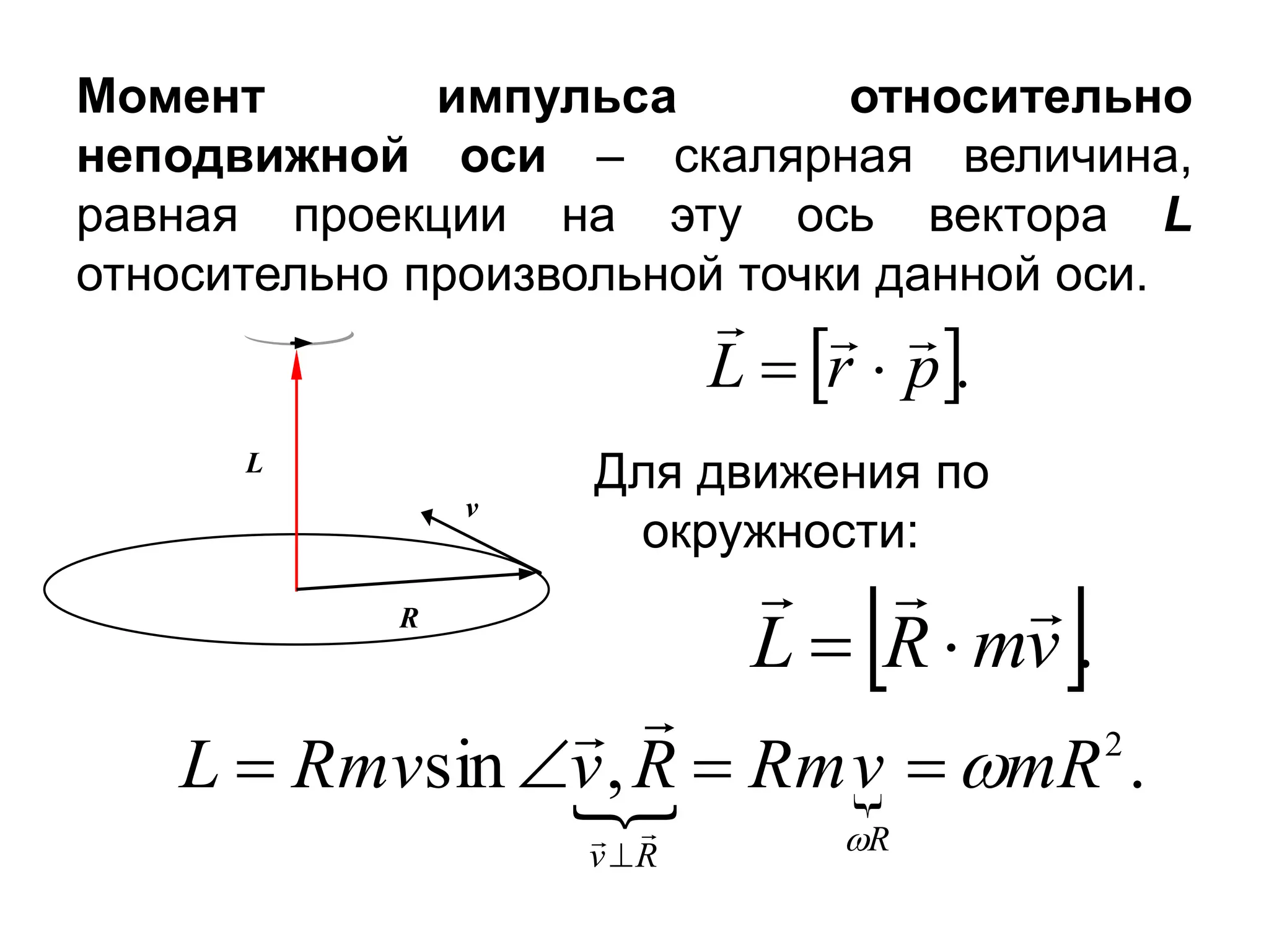 Момент импульса относительно
неподвижной оси – скалярная величина,
равная проекции на эту ось вектора L
относительно произвольной точки данной оси.
Для движения по
окружности:
L
v
R
 .
p
r
L





 .
v
m
R
L





  .
,
sin 2
mR
v
Rm
R
v
Rmv
L
R
R
v











 