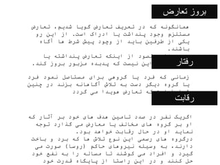 ‫تعارض‬ ‫بروز‬
‫تعارض‬ ،‫شدیم‬ ‫گویا‬ ‫تعارض‬ ‫تعریف‬ ‫در‬ ‫که‬ ‫همانگونه‬
‫است‬ ‫ادراک‬ ‫یا‬ ‫پنداشت‬ ‫وجود‬ ‫مستلزم‬
.
‫رو‬ ‫این‬ ‫از‬
‫آگاه‬ ‫ها‬ ‫شرط‬ ‫پیش‬ ‫وچود‬ ‫از‬ ‫باید‬ ‫طرفین‬ ‫از‬ ‫یکی‬
‫باشند‬
.
‫یا‬ ‫پنداشته‬ ‫تعارض‬ ‫اینکه‬ ‫از‬ ‫مقصود‬ ‫همچنان‬ ‫و‬
‫کند‬ ‫بروز‬ ‫مزبور‬ ‫پدبده‬ ‫که‬ ‫نیست‬ ‫این‬ ‫شود‬ ‫ادراک‬
. ‫رفتار‬
‫زمانی‬
‫که‬
‫فرد‬
‫یا‬
‫گروهی‬
‫برای‬
‫مستاصل‬
‫نمود‬
‫فرد‬
‫یا‬
‫گروه‬
‫دیگر‬
‫دست‬
‫به‬
‫تالش‬
‫آگاهانه‬
‫بزند‬
‫در‬
‫چنین‬
‫شرایط‬
‫است‬
‫که‬
‫تعارض‬
‫هویدا‬
‫می‬
‫گردد‬
‫رقابت‬
‫که‬ ‫آثار‬ ‫بر‬ ‫خود‬ ‫های‬ ‫هدف‬ ‫تامین‬ ‫صدد‬ ‫در‬ ‫نفر‬ ‫اگریک‬
‫توجه‬ ‫گذارد‬ ‫می‬ ‫معارض‬ ‫یا‬ ‫مخالف‬ ‫های‬ ‫گروه‬ ‫بر‬ ‫او‬
‫بود‬ ‫خواهد‬ ‫رقابت‬ ‫حال‬ ‫در‬ ‫او‬ ‫نماید‬
.
‫باخت‬ ‫و‬ ‫برد‬ ‫که‬ ‫ها‬ ‫تالش‬ ‫نوع‬ ‫این‬ ‫رسمی‬ ‫های‬ ‫درگروه‬
‫حاکم‬ ‫نیروهای‬ ‫وسیله‬ ‫به‬ ،‫دارند‬
(
‫روسا‬
)
‫می‬ ‫صورت‬
‫خود‬ ‫نفع‬ ‫به‬ ‫را‬ ‫مساله‬ ‫تا‬ ‫کوشند‬ ‫می‬ ‫افراد‬ ‫و‬ ‫گیرد‬
‫خود‬ ‫قدرت‬ ‫پایگاه‬ ‫از‬ ‫راستا‬ ‫این‬ ‫در‬ ‫و‬ ‫کنند‬ ‫حل‬
 