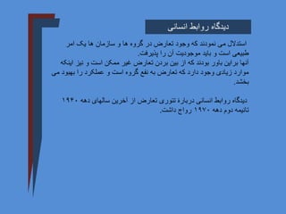 ‫انسانی‬ ‫روابط‬ ‫دیدگاه‬
‫گروه‬ ‫در‬ ‫تعارض‬ ‫وجود‬ ‫که‬ ‫نمودند‬ ‫می‬ ‫استدالل‬
‫سازمان‬ ‫و‬ ‫ها‬
‫امر‬ ‫یک‬ ‫ها‬
‫است‬ ‫طبیعی‬
‫و‬
‫پذیرفت‬ ‫را‬ ‫آن‬ ‫موجودیت‬ ‫باید‬
.
‫ای‬ ‫نیز‬ ‫و‬ ‫است‬ ‫ممکن‬ ‫غیر‬ ‫تعارض‬ ‫بردن‬ ‫بین‬ ‫از‬ ‫که‬ ‫بودند‬ ‫باور‬ ‫براین‬ ‫آنها‬
‫نکه‬
‫م‬ ‫بهبود‬ ‫را‬ ‫عملکرد‬ ‫و‬ ‫است‬ ‫گروه‬ ‫نفع‬ ‫به‬ ‫تعارض‬ ‫که‬ ‫دارد‬ ‫وجود‬ ‫زیادی‬ ‫موارد‬
‫ی‬
‫بخشد‬
.
‫دهه‬ ‫سالهای‬ ‫آخرین‬ ‫از‬ ‫تعارض‬ ‫تئوری‬ ‫دربارۀ‬ ‫انسانی‬ ‫روابط‬ ‫دیدگاه‬
۱۹۴۰
‫تانیمه‬
‫دهه‬ ‫دوم‬
۱۹۷۰
‫داشت‬ ‫رواج‬
.
 