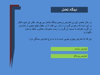 ‫تعامل‬ ‫دیدگاه‬
‫چرخد‬ ‫می‬ ‫تعامل‬ ‫برمحوردیدگاه‬ ‫تعارض‬ ‫تیوری‬ ‫حاضر‬ ‫حال‬ ‫در‬
.
‫ت‬ ‫شیوه‬ ‫این‬ ‫نقش‬
‫فکر‬
‫تع‬ ‫از‬ ‫معینی‬ ‫سطح‬ ‫حفظ‬ ‫در‬ ‫تا‬ ‫کنند‬ ‫می‬ ‫وادار‬ ‫را‬ ‫گروه‬ ‫رهبران‬ ‫که‬ ‫است‬ ‫این‬ ‫بر‬
‫ارض‬
‫خود‬ ‫به‬ ‫منتقد‬ ‫و‬ ‫خالق‬ ،‫متحرک‬ ،‫زنده‬ ‫را‬ ‫گروه‬ ‫آن‬ ‫مسبب‬ ‫تا‬ ‫بکوشند‬ ‫گروه‬ ‫در‬
‫نگهدارند‬
.
‫دارد‬ ‫بستگی‬ ‫تعارض‬ ‫نوع‬ ‫به‬ ‫بد‬ ‫یا‬ ‫است‬ ‫خوبی‬ ‫چیزی‬ ‫تعارض‬ ‫آیا‬ ‫که‬ ‫این‬
‫سازنده‬ ‫تعارض‬
‫ویرانگر‬ ‫تعارض‬
 