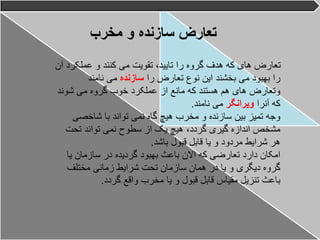 ‫مخرب‬ ‫و‬ ‫سازنده‬ ‫تعارض‬
‫عملک‬ ‫و‬ ‫کنند‬ ‫می‬ ‫تقویت‬ ،‫تایید‬ ‫را‬ ‫گروه‬ ‫هدف‬ ‫که‬ ‫های‬ ‫تعارض‬
‫آن‬ ‫رد‬
‫را‬ ‫تعارض‬ ‫نوع‬ ‫این‬ ‫بخشند‬ ‫می‬ ‫بهبود‬ ‫را‬
‫سازنده‬
‫نامند‬ ‫می‬
‫شون‬ ‫می‬ ‫گروه‬ ‫خوب‬ ‫عملکرد‬ ‫از‬ ‫مانع‬ ‫که‬ ‫هستند‬ ‫هم‬ ‫های‬ ‫وتعارض‬
‫د‬
‫آنرا‬ ‫که‬
‫ویرانگر‬
‫نامند‬ ‫می‬
.
‫شاخصی‬ ‫با‬ ‫تواند‬ ‫نمی‬ ‫گاه‬ ‫هیچ‬ ‫مخرب‬ ‫و‬ ‫سازنده‬ ‫بین‬ ‫تمیز‬ ‫وجه‬
‫تحت‬ ‫تواند‬ ‫نمی‬ ‫سطوح‬ ‫از‬ ‫یک‬ ‫هیچ‬ ،‫گردد‬ ‫گیری‬ ‫اندازه‬ ‫مشخص‬
‫باشد‬ ‫قبول‬ ‫قابل‬ ‫یا‬ ‫و‬ ‫مردود‬ ‫شرایط‬ ‫هر‬
.
‫ی‬ ‫سازمان‬ ‫در‬ ‫گردیده‬ ‫بهبود‬ ‫باعث‬ ‫االن‬ ‫که‬ ‫تعارضی‬ ‫دارد‬ ‫امکان‬
‫ا‬
‫مختلف‬ ‫زمانی‬ ‫شرایط‬ ‫تحت‬ ‫سازمان‬ ‫همان‬ ‫در‬ ‫یا‬ ‫و‬ ‫دیگری‬ ‫گروه‬
‫گردد‬ ‫واقع‬ ‫مخرب‬ ‫یا‬ ‫و‬ ‫قبول‬ ‫قابل‬ ‫مقیاس‬ ‫تنزیل‬ ‫باعث‬
.
 