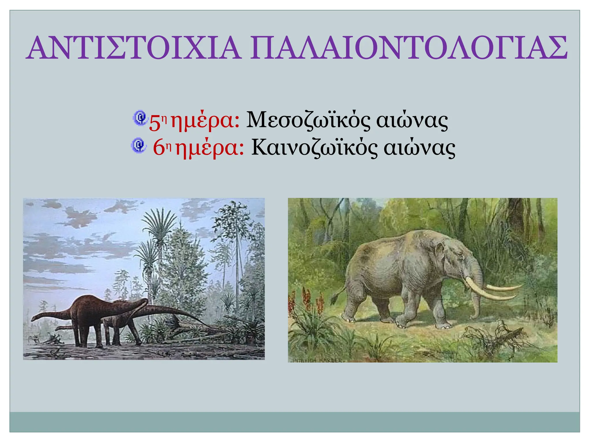 ΑΝΤΙΣΤΟΙΧΙΑ ΠΑΛΑΙΟΝΤΟΛΟΓΙΑΣ
5η ημέρα: Μεσοζωϊκός αιώνας
6η ημέρα: Καινοζωϊκός αιώνας
 