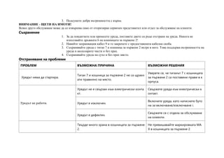 3. Подсушете добре вътрешността с кърпа.
ВНИМАНИЕ - ЩЕТИ НА ИМОТИ!
Всяко друго обслужване може да се извършва само от оторизиран сервизен представител или отдел за обслужване на клиенти.
Съхранение
1. За да повдигнете или пренесете уреда, поставете двете си ръце отстрани на уреда. Никога не
използвайте дръжката 6 на кошницата за пържене 2!
2. Навийте захранващия кабел 9 и го закрепете с предоставената кабелна скоба.
3. Съхранявайте уреда с тиган 7 и кошница за пържене 2 вътре в него. Това поддържа вътрешността на
уреда и аксесоарите чисти и без прах.
4. Съхранявайте уреда на сухо и без прах място.
Отстраняване на проблеми
ПРОБЛЕМ ВЪЗМОЖНА ПРИЧИНА ВЪЗМОЖНИ РЕШЕНИЯ
Уредът няма да стартира.
Тиган 7 и кошница за пържене 2 не са щракн
ати правилно на място.
Уверете се, че тиганът 7 с кошницата
за пържене 2 са поставени прави в к
орпуса.
Уредът не работи.
Уредът не е свързан към електрически конта
кт.
Свържете уреда към електрически к
онтакт.
Уредът е изключен.
Включете уреда, като натиснете буто
на за включване/изключване i.
Уредът е дефектен.
Свържете се с отдела за обслужване
на клиенти.
Твърде много храна в кошницата за пържене
2.
Не превишавайте маркировката MA
X в кошницата за пържене 2.
 
