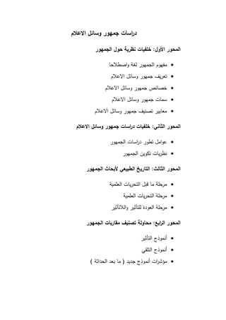 ‫االعالم‬ ‫وسائل‬ ‫جمهور‬ ‫اسات‬
‫ر‬‫د‬
‫األول‬ ‫المحور‬
:
‫الجمهور‬ ‫حول‬ ‫نظرية‬ ‫خلفيات‬

‫مفهوم‬
‫الجمهور‬
‫اصطالحا‬‫و‬ ‫لغة‬

‫االعالم‬ ‫وسائل‬ ‫جمهور‬ ‫يف‬‫ر‬‫تع‬

‫االعالم‬ ‫وسائل‬ ‫جمهور‬ ‫خصائص‬

‫س‬
‫االعالم‬ ‫وسائل‬ ‫جمهور‬ ‫مات‬

‫االعالم‬ ‫وسائل‬ ‫جمهور‬ ‫تصنيف‬ ‫معايير‬
‫الثاني‬ ‫المحور‬
:
‫االعالم‬ ‫وسائل‬ ‫جمهور‬ ‫اسات‬
‫ر‬‫د‬ ‫خلفيات‬

‫الجمهور‬ ‫اسات‬
‫ر‬‫د‬ ‫تطور‬ ‫امل‬‫و‬‫ع‬

‫الجمهور‬ ‫تكوين‬ ‫يات‬‫ر‬‫نظ‬
‫الثالث‬ ‫المحور‬
:
‫الجمهور‬ ‫ألبحاث‬ ‫الطبيعي‬ ‫التاريخ‬

‫العلمية‬ ‫يات‬‫ر‬‫التح‬ ‫قبل‬ ‫ما‬ ‫مرحلة‬

‫العلمية‬ ‫يات‬‫ر‬‫التح‬ ‫مرحلة‬

‫الال‬‫و‬ ‫للتأثير‬ ‫العودة‬ ‫مرحلة‬
‫تأثير‬
‫ابع‬
‫ر‬‫ال‬ ‫المحور‬
:
‫م‬ ‫تصنيف‬ ‫محاولة‬
‫ال‬ ‫قاربات‬
‫ج‬
‫مهور‬

‫التأثير‬ ‫أنموذج‬

‫التلقي‬ ‫أنموذج‬

‫جديد‬ ‫أنموذج‬ ‫ات‬
‫ر‬‫مؤش‬
(
‫الحداثة‬ ‫بعد‬ ‫ما‬
)
 