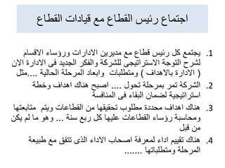 ‫القطاع‬ ‫قيادات‬ ‫مع‬ ‫القطاع‬ ‫رئيس‬ ‫اجتماع‬
.1
‫االقسام‬ ‫ورؤساء‬ ‫االدارات‬ ‫مديرين‬ ‫مع‬ ‫قطاع‬ ‫رئيس‬ ‫كل‬ ‫يجتمع‬
‫ا‬ ‫فى‬ ‫الجديد‬ ‫والفكر‬ ‫للشركة‬ ‫االستراتيجى‬ ‫التوجة‬ ‫لشرح‬
‫االن‬ ‫الدارة‬
(
‫باالهداف‬ ‫االدارة‬
)
‫الحالية‬ ‫المرحلة‬ ‫وابعاد‬ ‫ومتطلبات‬
....
‫مث‬
‫ل‬
.2
‫تحول‬ ‫بمرحلة‬ ‫تمر‬ ‫الشركة‬
....
‫وخطة‬ ‫اهداف‬ ‫هناك‬ ‫اصبح‬
‫فى‬ ‫البقاء‬ ‫لضمان‬ ‫استراتيجية‬
‫المنافسة‬
.3
‫ويتم‬ ‫القطاعات‬ ‫من‬ ‫تحقيقها‬ ‫مطلوب‬ ‫محددة‬ ‫اهداف‬ ‫هناك‬
‫متابعت‬
‫ها‬
‫ومحاسبة‬
‫سنة‬ ‫ربع‬ ‫كل‬ ‫عليها‬ ‫القطاعات‬ ‫رؤساء‬
...
‫وهو‬
‫ما‬
‫يك‬ ‫لم‬
‫ن‬
‫قبل‬ ‫من‬
.4
‫هناك‬
‫طبيع‬ ‫مع‬ ‫تتفق‬ ‫الذى‬ ‫االداء‬ ‫اصحاب‬ ‫لمعرفة‬ ‫اداء‬ ‫تقييم‬
‫ة‬
‫ومتطلباتها‬ ‫المرحلة‬
.......
 