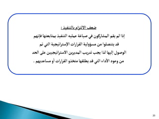 ‫بالتنفي‬‫ام‬‫ز‬‫اللت‬‫ضعف‬
:
‫نهم‬‫إ‬‫فا‬‫بمتابعتها‬ ‫التنفي‬ ‫عمليه‬‫صياغة‬‫في‬ ‫المشاركون‬ ‫يقم‬‫لم‬‫ذا‬‫إ‬‫ا‬
‫تم‬‫التي‬ ‫اتيجية‬‫ر‬‫ست‬‫إ‬‫ل‬‫ا‬‫ات‬‫ر‬‫ا‬‫ر‬‫الق‬ ‫لية‬‫و‬‫مسؤ‬‫من‬‫يتنصلوا‬ ‫قد‬
‫الحد‬ ‫عل‬‫اتيجيين‬‫ر‬‫الست‬‫ين‬‫ر‬‫المدي‬ ‫يب‬‫ر‬‫تد‬‫يجب‬ ‫ا‬ ‫ل‬‫ليها‬‫إ‬‫ا‬ ‫الوصو‬
‫مساعديهم‬‫و‬‫ا‬ ‫ات‬‫ر‬‫ا‬‫ر‬‫الق‬ ‫و‬ ‫متخ‬‫يطلقها‬ ‫قد‬ ‫التي‬‫داء‬‫ال‬‫وعود‬ ‫من‬
.
20
 