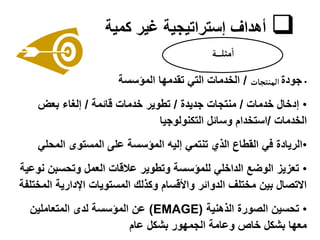 
‫كمية‬ ‫غير‬ ‫إستراتيجية‬ ‫أهداف‬
‫نة‬‫ن‬‫ن‬‫ن‬‫ن‬‫ل‬‫مث‬‫ا‬
•
‫جودة‬
‫المنتجات‬
/
‫المؤسسة‬ ‫تقدمها‬ ‫التي‬ ‫الخدمات‬
•
‫خدمات‬ ‫إدخال‬
/
‫جديدة‬ ‫منتجات‬
/
‫قائمة‬ ‫خدمات‬ ‫تطوير‬
/
‫بعض‬ ‫إلغاء‬
‫الخدمات‬
/
‫التكنولوجيا‬ ‫وسائل‬ ‫استخدام‬
•
‫المحل‬ ‫المستوى‬ ‫على‬ ‫المؤسسة‬ ‫إليه‬ ‫تنتمي‬ ‫الذي‬ ‫القطاع‬ ‫في‬ ‫الريادة‬
‫ي‬
•
‫ن‬ ‫وتحسبن‬ ‫العمل‬ ‫عالقات‬ ‫وتطوير‬ ‫للمؤسسة‬ ‫الداخلي‬ ‫الوضع‬ ‫تعزيز‬
‫وعية‬
‫ال‬ ‫اإلدارية‬ ‫المستويات‬ ‫وكذلك‬ ‫واألقسام‬ ‫الدوائر‬ ‫مختلف‬ ‫بين‬ ‫االتصال‬
‫مختلفة‬
•
‫الذهنية‬ ‫الصورة‬ ‫تحسين‬
(
EMAGE
)
‫المتعاملين‬ ‫لدى‬ ‫المؤسسة‬ ‫عن‬
‫عام‬ ‫بشكل‬ ‫الجمهور‬ ‫وعامة‬ ‫خاص‬ ‫بشكل‬ ‫معها‬
 