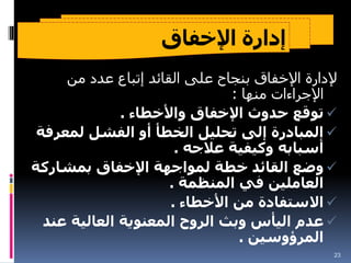 ‫إدارة‬
‫اإلخفاق‬
‫إلدارة‬
‫اإلخفاق‬
‫القائد‬ ‫على‬ ‫بنجاح‬
‫إتباع‬
‫من‬ ‫عدد‬
‫منها‬ ‫اإلجراءات‬
:

‫حدوث‬ ‫توقع‬
‫اإلخفاق‬
‫واألخطاء‬
.

‫لمعرف‬ ‫الفشل‬ ‫أو‬ ‫الخطأ‬ ‫تحليل‬ ‫إلى‬ ‫المبادرة‬
‫ة‬
‫عالجه‬ ‫وكيفية‬ ‫أسبابه‬
.

‫لمواجهة‬ ‫خطة‬ ‫القائد‬ ‫وضع‬
‫اإلخفاق‬
‫بمشاركة‬
‫المنظمة‬ ‫في‬ ‫العاملين‬
.

‫األخطاء‬ ‫من‬ ‫االستفادة‬
.

‫عن‬ ‫العالية‬ ‫المعنوية‬ ‫الروح‬ ‫وبث‬ ‫اليأس‬ ‫عدم‬
‫د‬
‫المرؤوسين‬
.
23
 