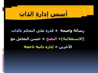 7
‫واضحة‬ ‫رسالة‬
+
‫التحكم‬ ‫على‬ ‫قدرة‬
‫بالذات‬
(
‫االستقاللية‬
+)
‫النضج‬
+
‫م‬ ‫التعامل‬ ‫حسن‬
‫ع‬
‫اآلخرين‬
=
‫ناجحة‬ ‫ذاتية‬ ‫إدارة‬
‫الذات‬ ‫إدارة‬ ‫أسس‬
 