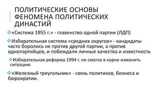 ПОЛИТИЧЕСКИЕ ОСНОВЫ
ФЕНОМЕНА ПОЛИТИЧЕСКИХ
ДИНАСТИЙ
«Система 1955 г.» - главенство одной партии (ЛДП)
Избирательная система «средних округов» - кандидаты
часто боролись не против другой партии, а против
однопартийцев, и побеждали личные качества и известность
Избирательная реформа 1994 г. не смогла в корне изменить
ситуацию
«Железный треугольник» - связь политиков, бизнеса и
бюрократии.
 