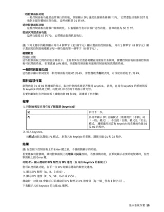 一般控制面板功能
一般控制面板功能是最常執行的功能，例如顯示 IPL 速度及強制系統執行 IPL。 它們還包括強制 DST 及
強制主儲存體傾出等功能。 這些函數是 01 到 49。
延伸控制面板功能
延伸控制面板功能執行頻率較低。 只有服務代表可以執行這些功能。 延伸功能為 50 至 70。
低層次除錯畫面功能
這些功能是 57 到 70。 它們僅由服務代表執行。
註: 下列主題中的範例顯示具有 4 個單字（32 個字元）顯示畫面的控制面板。 具有 1 個單字（8 個字元）顯
示畫面的控制面板僅顯示每一個功能的第一個單字（8 個字元）。
相關概念
控制台功能
這些控制面板之間的功能差異很少。 主要差異在於透過電纜直接連接至系統時，實體控制面板和遠端控制面
板可以開啟系統。 如果透過 LAN 連接，則虛擬控制面板和遠端控制面板無法開啟系統。
一般控制面板功能
這些指示顯示如何使用一般控制面板功能 01 到 49。 當您選取手動模式時，可以使用功能 21 到 49。
關於這項作業
針對功能 01 或 02 您遵循的指示，取決於您的系統是否使用 keystick。 此外，在具有 keystick 的系統與沒
有 keystick 的系統之間，功能 01 和 02 的下列指示會交替。
若要判斷如何在控制面板上啟動功能 01 和 02，請遵循下列步驟：
程序
1. 控制面板是否具有電子鍵盤鎖 (keystick)？
是 前往下一步。
否 系統會顯示 IPL 金鑰模式（僅適用於「手動」或
「一般」模式）。 不支援「自動」模式及「安全」
模式。 遵循適用於沒有 keystick 的系統的功能 01
及 02 的程序。
2. 插入 keystick。
按模式按鈕以選取 IPL 模式。 針對具有 keysick 的系統，遵循功能 01 和 02 程序。
結果
註: 在您按下控制面板上的 Enter 鍵之前，不會啟動顯示的功能。
若要選取功能號碼，請按控制面板上的增量或減量按鈕。 若要啟動功能，在系統顯示必要功能號碼時，在控
制面板上按 Enter 鍵。
功能 01 - 顯示選取的 IPL 類型及 IPL 速度（在具有 Keystick 的系統上）
您可以使用此功能，在下一次 IPL 時顯示選取的類型及速度。
1. 顯示 IPL 類型（A、B、C 或 D）。
2. 顯示 IPL 速度（F、S、SE、V=F 或 V=S）。
選取時，功能 01 會顯示目前選取的 IPL 類型及 IPL 速度值（每一個 _ 代表 1 個字元）。
下表顯示具有 keystick 的功能 01 範例。
基本系統作業 15
 