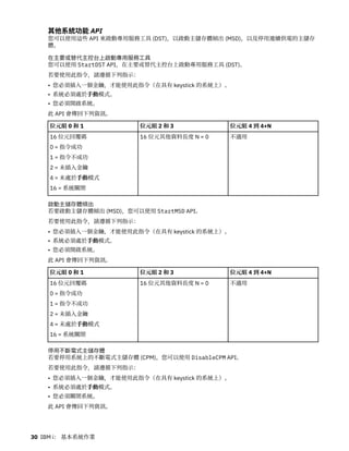 其他系統功能 API
您可以使用這些 API 來啟動專用服務工具 (DST)，以啟動主儲存體傾出 (MSD)，以及停用連續供電的主儲存
體。
在主要或替代主控台上啟動專用服務工具
您可以使用 StartDST API，在主要或替代主控台上啟動專用服務工具 (DST)。
若要使用此指令，請遵循下列指示：
• 您必須插入一個金鑰，才能使用此指令（在具有 keystick 的系統上）。
• 系統必須處於手動模式。
• 您必須開啟系統。
此 API 會傳回下列資訊。
位元組 0 和 1 位元組 2 和 3 位元組 4 到 4+N
16 位元回覆碼
0 = 指令成功
1 = 指令不成功
2 = 未插入金鑰
4 = 未處於手動模式
16 = 系統關閉
16 位元其他資料長度 N = 0 不適用
啟動主儲存體傾出
若要啟動主儲存體傾出 (MSD)，您可以使用 StartMSD API。
若要使用此指令，請遵循下列指示：
• 您必須插入一個金鑰，才能使用此指令（在具有 keystick 的系統上）。
• 系統必須處於手動模式。
• 您必須開啟系統。
此 API 會傳回下列資訊。
位元組 0 和 1 位元組 2 和 3 位元組 4 到 4+N
16 位元回覆碼
0 = 指令成功
1 = 指令不成功
2 = 未插入金鑰
4 = 未處於手動模式
16 = 系統關閉
16 位元其他資料長度 N = 0 不適用
停用不斷電式主儲存體
若要停用系統上的不斷電式主儲存體 (CPM)，您可以使用 DisableCPM API。
若要使用此指令，請遵循下列指示：
• 您必須插入一個金鑰，才能使用此指令（在具有 keystick 的系統上）。
• 系統必須處於手動模式。
• 您必須關閉系統。
此 API 會傳回下列資訊。
30 IBM i： 基本系統作業
 