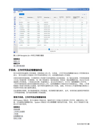 圖 3: IBM Navigator for i 中的工作顯示畫面
相關概念
管理工作
相關工作
建立新的監視器
子系統、工作佇列及記憶體儲存區
您可以使用用來處理工作的資源，控制系統上的工作。 次系統、工作佇列及記憶體儲存區是工作管理的基本
部分。 您可以使用子系統和工作佇列來管理特定工作，或者調整系統的工作流程。
若要有效使用系統資源，不同類型的工作需要不同的處理指示及系統資源。 為了滿足此需要，作業系統會建
立名為子系統的唯一作業環境。 每一個子系統都有一組系統資源，特別是一個記憶體儲存區，決定它可以快
速處理工作的程度。 子系統也具有唯一的處理指示，並且在許多情況下，至少有一個相關聯的工作佇列。
工作佇列會保留來自使用者或應用程式的送入工作，直到相關聯的子系統具有可用資源為止。 然後，工作會
根據該子系統可用的指示及資源，從佇列移至處理所在的子系統。 最後，所有來自工作處理的輸出都會由工
作說明中的指示進行處理及遞送。
在此處理程序期間，您可能想要監視工作的進度，或者調整其優先順序。 此外，如果系統在處理某些類型的
工作時遇到問題，您可能需要調整子系統資源。
使用子系統、工作佇列及記憶體儲存區
使用 System i 領航員，您可以檢視子系統內容、檢視作用中子系統正在使用的工作佇列、啟動及停止子系
統，以及調整記憶體儲存區。 System i 領航員 中的工作管理下提供這些功能。 然而，部分子系統指令只能
從文字介面中使用。
相關概念
系統結構
工作的生命週期
子系統
記憶體儲存區
管理子系統
基本系統作業 59
 
