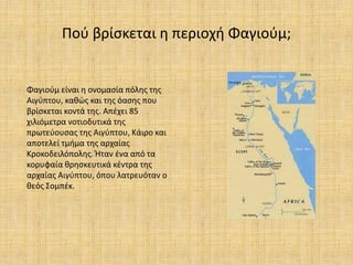 Πού βρίσκεται η περιοχή Φαγιούμ;
Φαγιούμ είναι η ονομασία πόλης της
Αιγύπτου, καθώς και της όασης που
βρίσκεται κοντά της. Απέχει 85
χιλιόμετρα νοτιοδυτικά της
πρωτεύουσας της Αιγύπτου, Κάιρο και
αποτελεί τμήμα της αρχαίας
Κροκοδειλόπολης. Ήταν ένα από τα
κορυφαία θρησκευτικά κέντρα της
αρχαίας Αιγύπτου, όπου λατρευόταν ο
θεός Σομπέκ.
 