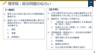 3
理学院：総合問題のねらい
【一般枠】
1. 理学における高い能力を示す活動実績を
重視する。
2. 面接において活動実績報告書に関する
質疑応答を行い、理学に対する次の各点
を評価する。
i. 適性
ii. 素養
iii. 説明能力
【女子枠】
1. 大学で理学を学ぶために必要な基礎学力と学
習意欲等を十分に有していることを評価する。
2. 基礎学力：次を用いて評価する。
i. 「数学Ⅲ」を主な出題範囲とする筆記試
験（配点：30点）
ii. 共通テストの「物理」と「化学」（配
点：各科目30点）
3. 学習意欲等：面接を行い、次の各点を評価す
る。（配点：10点）
i. 理学分野に対する志望動機
ii. 学習意欲
iii. 論理的な思考力
iv. 以上の各点を的確に表現する能力
 