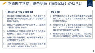 3
物質理工学院：総合問題（面接試験）のねらい
【一般枠および女子枠共通】
1. 図や表から情報を読み取り、その情報と自
身が持つ科学的な知識に基づいて合理的に
考察する能力
2. 対象とする現象を科学的に思考し、論理的
に表現・説明する能力
3. 物理現象や化学現象を記述する数式の意味
を理解し、適切に作図する能力
4. 物質に関する物理的、化学的性質を理解し、
応用展開できる能力
5. 口頭での質問に対して、その意図を汲み取
り、的確かつ機敏に対応する能力
【女子枠】
1. 科学技術における女性活躍の重要性や必要
性について、与えられた情報をもとに的確
に考察する能力
2. 女性研究者としての環境調和型社会への貢
献について、志望動機と関連させながら論
理的かつ明快に説明する能力
3. 他者から意見を求められた際に、自らの主
張や考えを論理的かつ簡潔に表現する能力
 