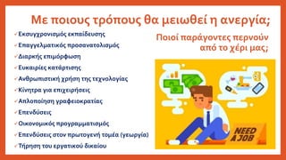 Με ποιους τρόπους θα μειωθεί η ανεργία;
Εκσυγχρονισμός εκπαίδευσης
Επαγγελματικός προσανατολισμός
Διαρκής επιμόρφωση
Ευκαιρίες κατάρτισης
Ανθρωπιστική χρήση της τεχνολογίας
Κίνητρα για επιχειρήσεις
Απλοποίηση γραφειοκρατίας
Επενδύσεις
Οικονομικός προγραμματισμός
Επενδύσεις στον πρωτογενή τ0μέα (γεωργία)
Τήρηση του εργατικού δικαίου
Ποιοί παράγοντες περνούν
από το χέρι μας;
 